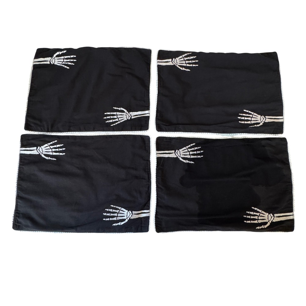 Max Studio Home Skeleton Hand Placemats Set 4 Black Cotton Halloween Goth Spooky
